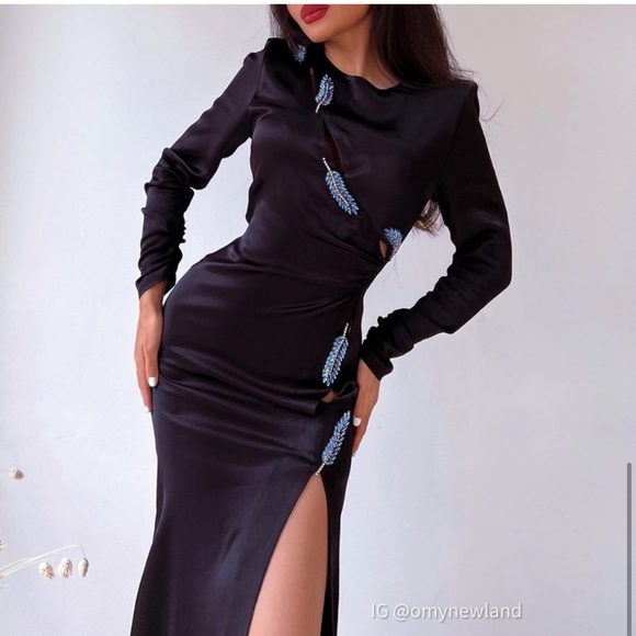 NWT ZARA Leaf Satin Effect Dress Black S Blogger’s Favorite - Picture 6 of 9